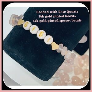 GIGI Rose quartz & 14k gold plated beads/hearts elastic bracelet (NEW HANDMADE)